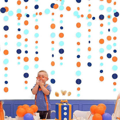 46 Ft Navy Blue Orange and Teal Circle Dots Garland Royal Blue Orange Aqua Polka Dot Hanging Paper Streamer for Birthday Wedding Bridal Baby Shower Outer Space Galaxy Theme Party Decorations Supplies