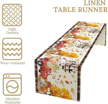Fall Pumpkin Table Runner,Rustic Maple Yellow Leaf Trees Truncks Brown Plaid Tablecloth Burlap for Hotel Indoors Outdoor Dining Room Kitchen Home Decor,W13X L90 in