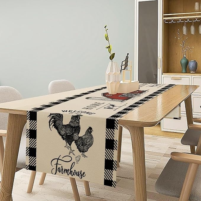 Rustic Farmhouse Table Runner Vintage Western Farm Red Barn Windmill Cabin Country Lodge Dinner Runner for Home Kitchen Dinner Table Party Decoration 13x36in