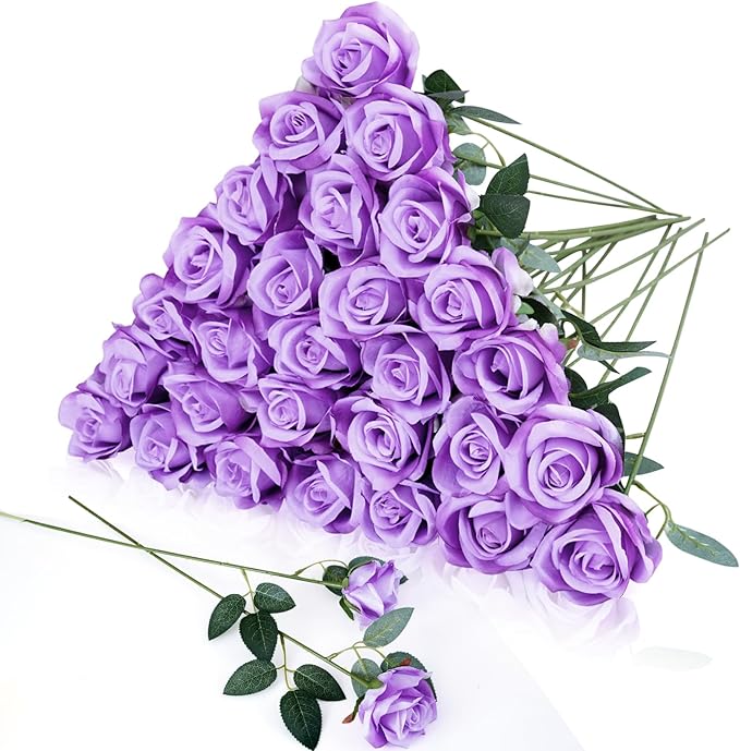 30pcs Fake Roses Artificial Silk Flowers Long Stems Bouquet for Wedding Bridal Shower Party Home Decoration (Purple)
