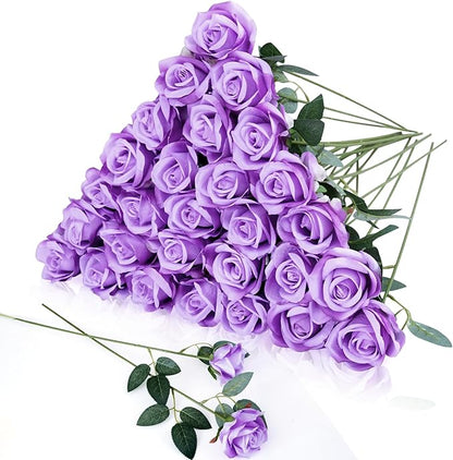 30pcs Fake Roses Artificial Silk Flowers Long Stems Bouquet for Wedding Bridal Shower Party Home Decoration (Purple)