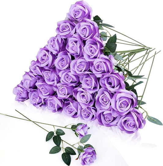 30pcs Fake Roses Artificial Silk Flowers Long Stems Bouquet for Wedding Bridal Shower Party Home Decoration (Purple)