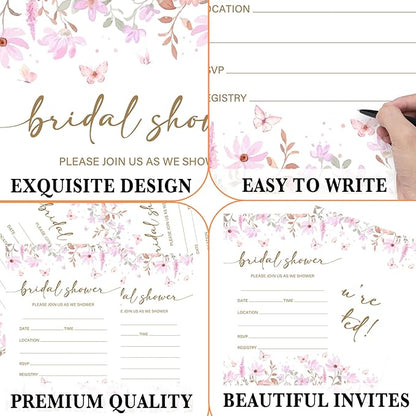Pink Floral Bridal Shower Invitations, Spring Butterflies Invites with Envelopes, 4x6 Invite Card for Wedding Shower, Newlyweds, Party Favor & Decorations-A02