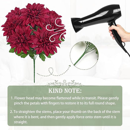 Hollyone Red Artificial Dahlia Flowers Bush Fake Fall Flowers Artificial for Decoration Outdoor Indoor 7 Heads Silk Faux Dahlias Flower Bouquets Arrangements Centerpieces Fall Decorations for Home