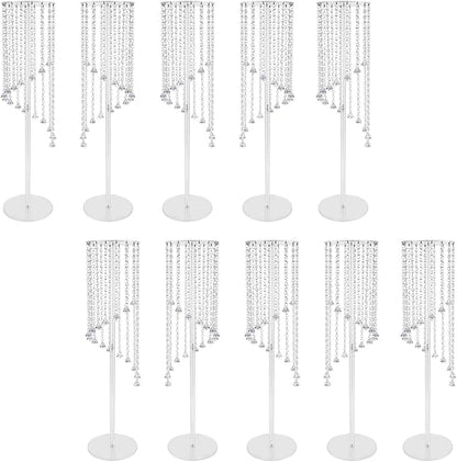 10 Pcs Acrylic Column Flower Stand with Chandelier Crystals, Clear Acrylic Tall Vases Fancy Metal Vase Stand for Weddings and Parties 7.87 x 7.87 x 31.5 Inch