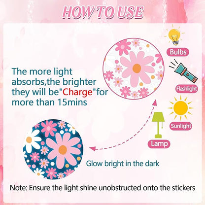 Glow in The Dark Big Daisy Wall Decals，Glowing Luminous Large Cute Daisy Wall Stickers Colorful Removable self-Adhesive Pink White Flower Decals for Girls Bedroom Kids Baby Nursery Living Room Decor