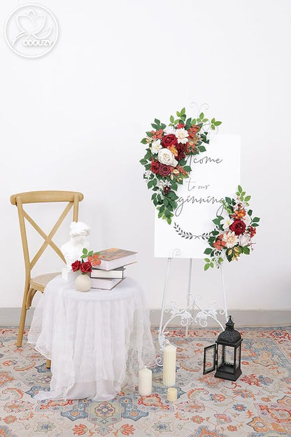 Pack of 2 Wedding Arch, Artificial Flowers, Wedding Decor，Flower Garland Be Suited to Banquet, Party, Reception Entrance Welcome Sign and Background Decoration(White red)