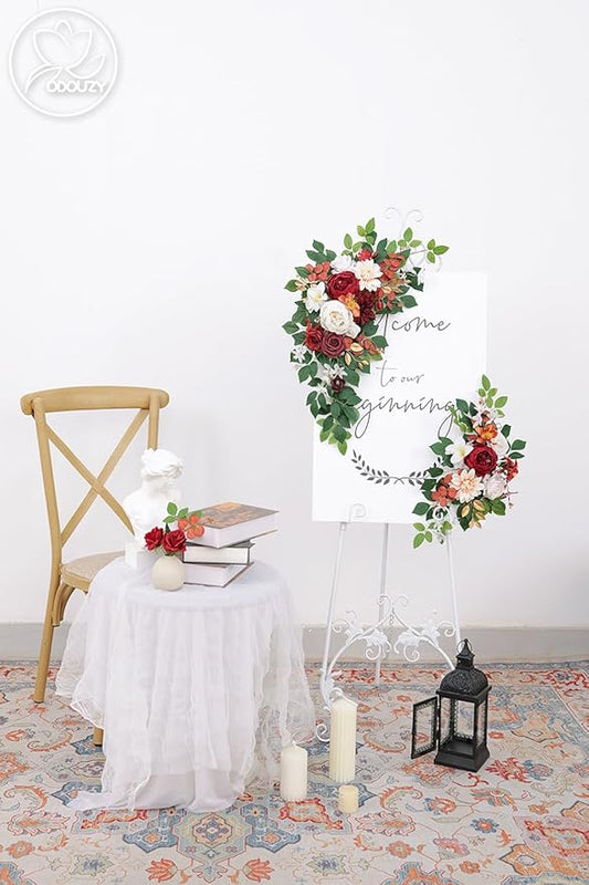 Pack of 2 Wedding Arch, Artificial Flowers, Wedding Decor，Flower Garland Be Suited to Banquet, Party, Reception Entrance Welcome Sign and Background Decoration(White red)