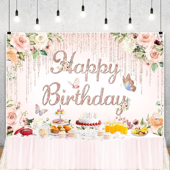 ChloropLastid 7x5ft Pink Floral Birthday Backdrop Rose Gold Glitter Flower Blossom Butterflies Happy Birthday Photography Background for Girls Princess Bday Party Decorations Banner Photo Props