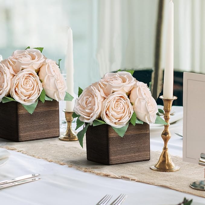 Dining Table Centerpiece Set of 6 - Pre-Made Aritifial Rose with Wooden Vase Fake Floral Arrangment Faux Flower for Wedding Bridal Tea Party Event Decorations - Champagne