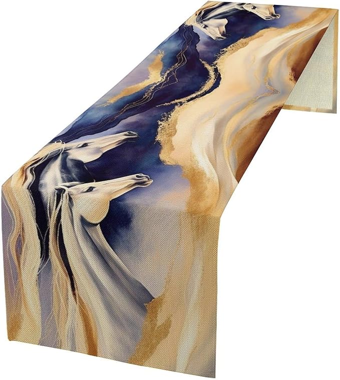 Marble Horse Table Runner, Dark Blue Gold Marble Abstract Horses Gold Natural Liquid Texture Dinner Runner Table Decoration for Home Kitchen Dining Holiday Party 13x120in