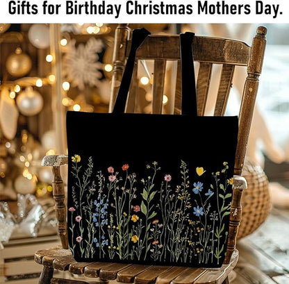 Decohim Floral Butterfly Canvas Tote Bag Boho Canvas Bag with Pocket for Work Office Women Girl Christmas Birthday Gifts