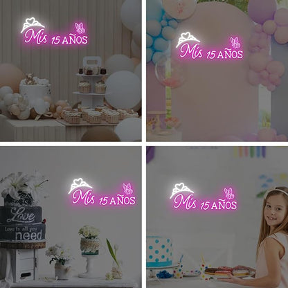 Mis 15 Anos Neon Sign, Sweet 15 Quince Party Sign with Dimmer Switch, Birthday Party Decor, Quinceanera Party Sign, Preppy Room Decor,Birthday Party Home Decorations, Mitzvah Gift-Pink-16"x7.09"