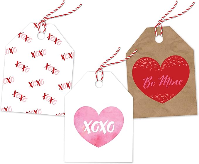 Pro Supply Global 24 Count of 2.5 Inch x 3 Inch Pre Strung XOXO Valentine's Day Gift Tag Assorted Printed Designs on Large Cardstock Gift Hang Tags - Ideal to Use on Bags