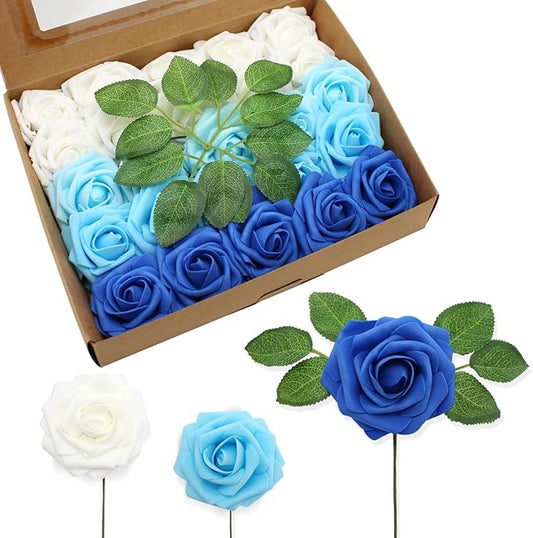Artificial Flowers Realistic Shades of Blue Roses, Real Looking Fake Roses with Stem for DIY Wedding Bouquets Centerpieces Bridal Shower Party Home Romantic Decorations (Shades of Blue, 100pcs)