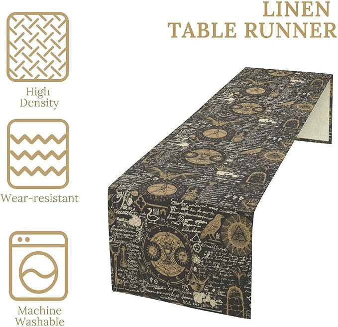 Gothic Table Runner,Black Gold Vintage Theme Print Table Runner for Home Kitchen Table Dining Garden Farmhouse Wedding Party Decor 13x70 Inch