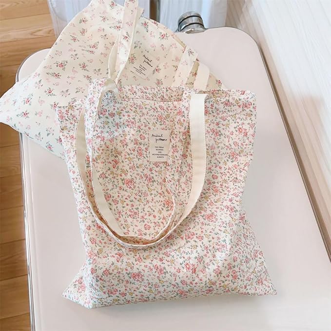 Cotton Canvas Tote Bag Reusable Soft Grocery Cloth Bag Floral Shoulder Bag for Beach Travel Shopping