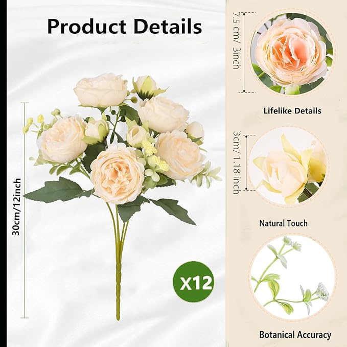 Peonies Artificial Flowers 12 Bundles Pink Flowers Bouquet, Lifelike Silk Fake Peonies with Stems for Home Table Centerpieces, Wedding, Party & DIY Bridal Floral Arrangements (Champagne)