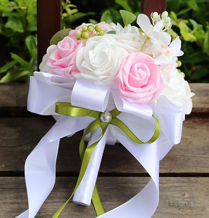 Lightweight Bridal Wedding Bouquet Round Holding Bouquet Throw Toss Artificial Rose Flower Bunch for Bride Bridesmaid Wedding Quinceanera (White & Pink, 6.7")