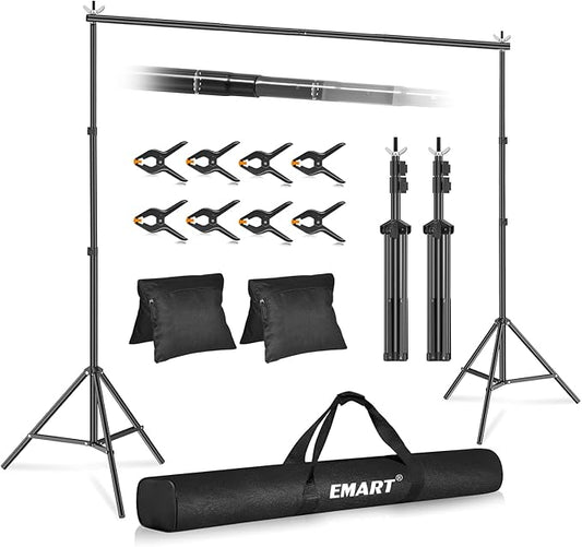 EMART Backdrop Stand 10x7.8ft(WxH) Photo Studio Adjustable Background Stand Support kit with 2 Crossbars, 8 Clamps, 2 Sandbags and Carry Bag for Parties, Events Decoration, Wedding, Photography