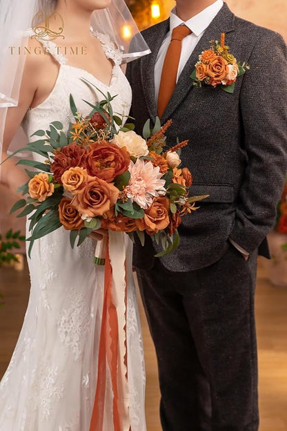 TINGE TIME 13 inch Terracotta Wedding Bouquets for Bride, Bridal Bouquet for Bride, Artificial Silk Rose for Graduation Bouquet, Fake Flowers for Fall Wedding Ceremony and Anniversary