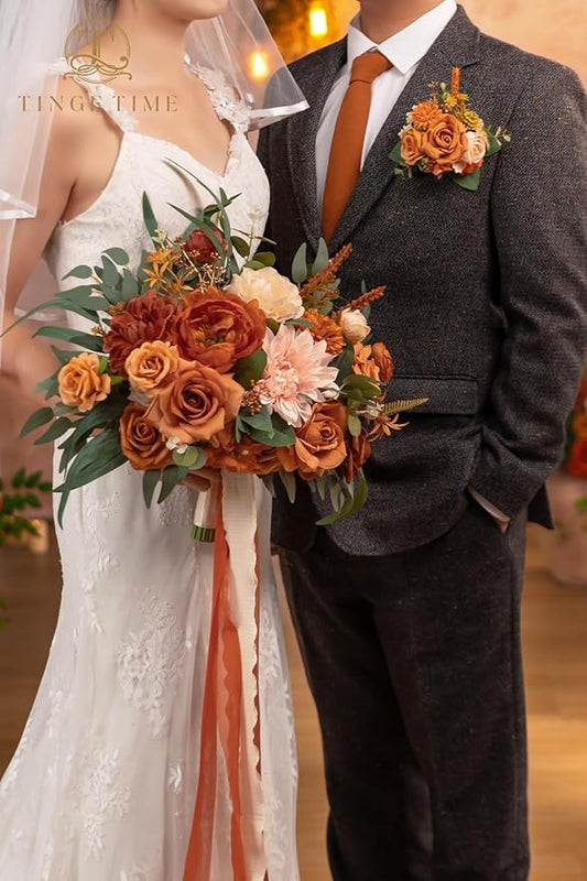 TINGE TIME 13 inch Terracotta Wedding Bouquets for Bride, Bridal Bouquet for Bride, Artificial Silk Rose for Graduation Bouquet, Fake Flowers for Fall Wedding Ceremony and Anniversary