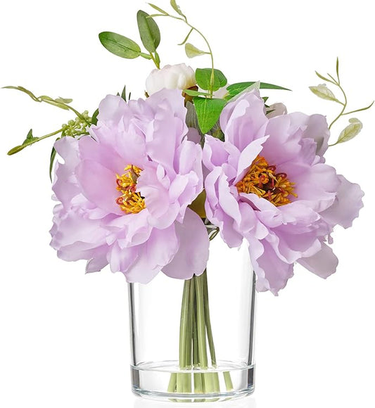 WELL KNOWN Silk Peony Artificial Flowers with Vase，Silk Fake Flower Bouquets in Vase with Fake Water Flower Arrangements for Table Centerpieces Home Office Hotel Wedding Party Decor & Gift (Purple)