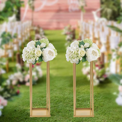 2PC 23.6" Flower Stand for Wedding Metal Cylinder Stands for Party Rectangular Gold Centerpieces Flower Vase Gold Pedestal Columns for Weddings Indoor Outdoor Flower Plant Stand Decoration