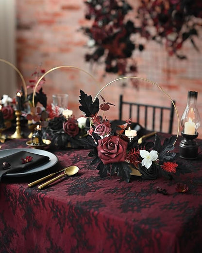 Ling's moment Fake Flowers Box, Faux Artificial Greenery Stems Foam Roses Dahlia Anthurium Silk Hydrangea Fabic Flower for Centerpieces Bouquet Wedding Vase Decorations, Burgundy & Black, Grand Combo