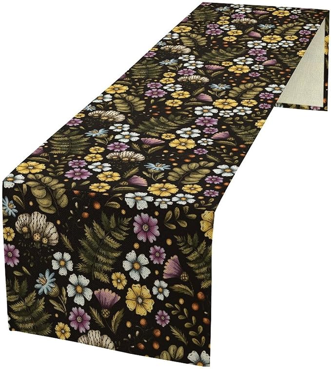 Vintage Flower Table Runner, Rustic Farmhouse Colourful Botanical Flowers Fern Print Kitchen Dining Table Decor Seasonal Home Decoration Indoor Outdoor Party, 13x108inch