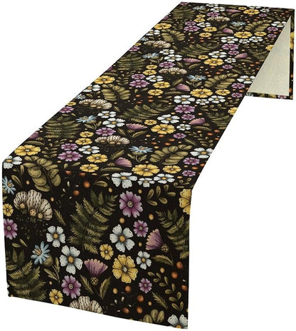 Vintage Flower Table Runner, Rustic Farmhouse Colourful Botanical Flowers Fern Print Kitchen Dining Table Decor Seasonal Home Decoration Indoor Outdoor Party, 13x90inch