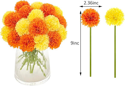 Kimura's Cabin 20Pcs Fake Silk Ball Flowers Artificial Chrysanthemum Faux Mums Bouquets Wedding Arrangements Halloween Thanksgiving Home Kitchens Table DIY Center Decoration (Orange Yellow)