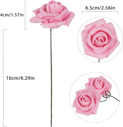 Pink Glitter Roses 30pcs Pink Roses Artificial Flowers with Glitter 2.56" Artificial Roses with Stems Fake Pink Roses for Baby Shower Decorations Flower Centerpieces for Table (Pink)