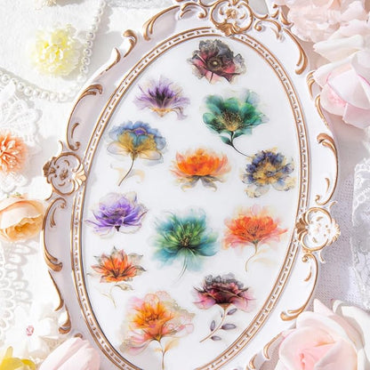 90pcs Watercolor Floral Scrapbook Stickers Set, Transparent PET Vintage Flower Stickers Decals with Smudge Effect for Journaling, Planners, Card Making, DIY Crafts and Scrapbooking