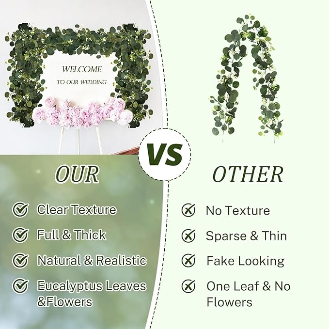 6Pcs Eucalyptus Garland, 6FT Green Flower Garland Decor, Artificial Faux Eucalyptus Leaves Greenery Vines for Table Runner Wedding Bedroom Mantle Centerpieces Backdrop Decorations