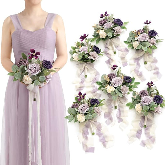 Ling's moment Artificial Flowers Purple Bridesmaid Bouquet Set of 6, Lavender Wedding Flowers Bouquets for Bridesmaids, 7 Inch Bridal Bouquets for Bridesmaids, Wedding, Ceremony, Anniversary, etc