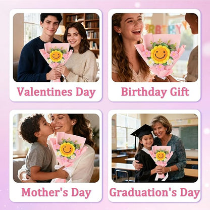 Hand-Woven Flower Bouquet Finished（1pcs） for Mother Girlfriend Birthday Gift Wedding Decoration Crochet Artificial Flower, Bouquet Gift (Smile Sunflower)