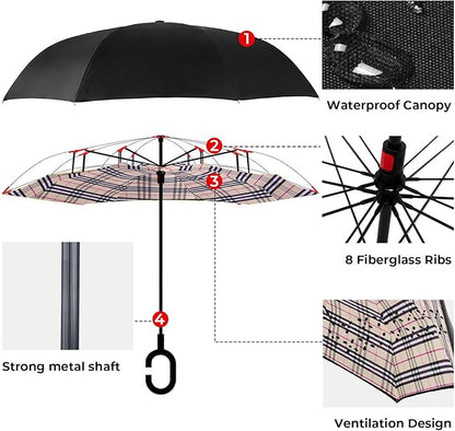 Inverted Umbrella, 49 Inch Double-Layer Vented Reverse Umbrella, Windproof Waterproof UV Protection, Lightweight C-Handle, Fiberglass Ribs, Steel Shaft, Travel/Commute/Car Use, With Sleeve