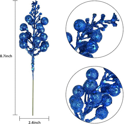 Lvydec 16pcs Christmas Glitter Berry Stems, 7.8" Artificial Christmas Picks for Christmas Tree Ornaments, DIY Xmas Wreath, Crafts, Holiday and Home Decor (Dark Blue)