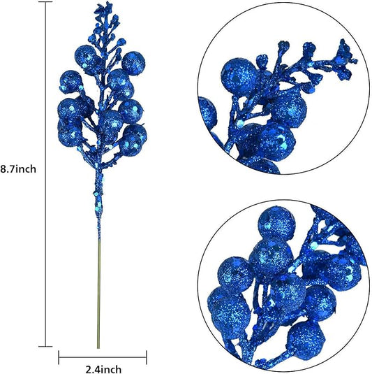 Lvydec 16pcs Christmas Glitter Berry Stems, 7.8" Artificial Christmas Picks for Christmas Tree Ornaments, DIY Xmas Wreath, Crafts, Holiday and Home Decor (Dark Blue)