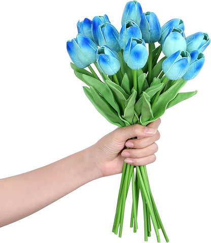 SITUMEIZI 15pcs Blue Tulips Fake Artificial Flowers Real Touch 14" Silk Flower for Home Decor Easter Spring Wedding Bouquet Decorations Mother's Gift Day Floral Arrangements(Blue#)