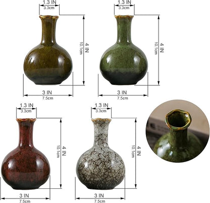 JOJUNO Glazed Rustic Bud Vase Set of 4 - Small Ceramic Mini Pottery Vases in White, Yellow, Green, Red - Ideal for Fresh & Dried Flowers - Modern Farmhouse Décor for Living Room, Shelves, Dining Table