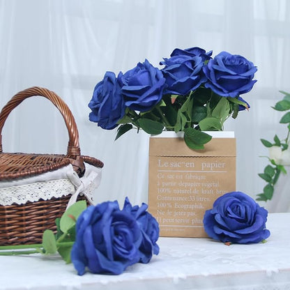 Felice Arts 12 Pack Royal Blue Artificial Flowers Blue Roses with Stems Silk Roses Fake Flowers Bouquet for Wedding Graduation Centerpiece Table Vase Home Kitchen Party DIY Decor