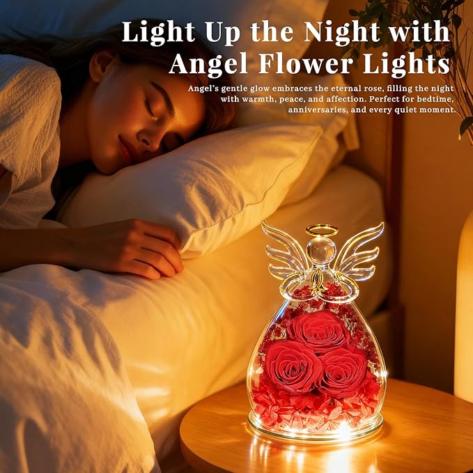 Beferr Christmas Birthday Gifts for Women, Mom Gifts for Christmas Fresh Flowers for Delivery Prime Forever Preserved Rose in Glass Angel Figurine Xmas Gifts for Grandma Wife Sister Her, Red