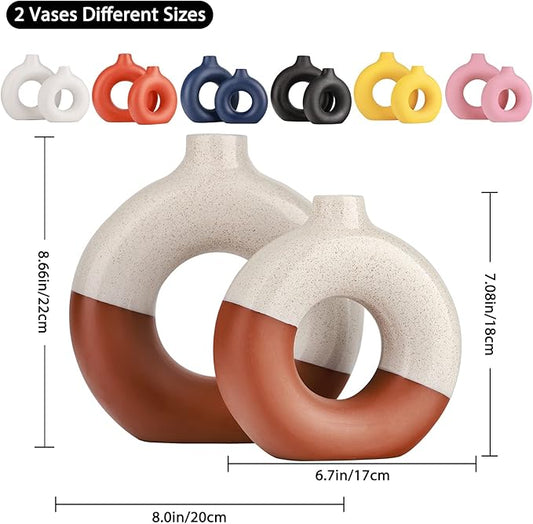 Terracotta Vase Decor Donut Vase Set of 2 - Circle Hollow Vases, Modern Matte Ceramic Vases for Entryway Living Room Bedroom Dining Table Centerpiece Office Home Decor
