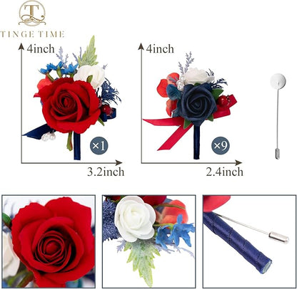 TINGE TIME Boutonniere for Men Wedding,Groom and Best Man Boutonniere for Wedding Ceremony Anniversary, Formal Dinner Party and Rustic Spring Wedding Marriage (10, Red & Navy Blue)