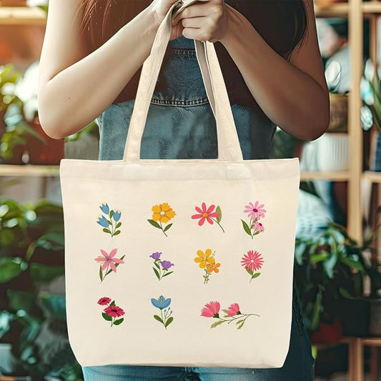 Aesthetic Floral Canvas Tote Bag for Women with Pocket, Tote Bags for Grocery Shopping Travel Christmas Birthday