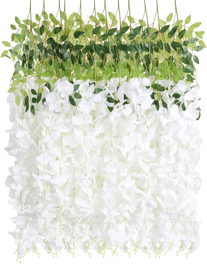 12pcs Wisteria Hanging Flowers 3.6ft Wisteria Artificial Flowers Vines White Silk Long Flowers Garland Fake Flower Ratta String for Wedding Arch Home Party Wall Backdrop Decorations (White)