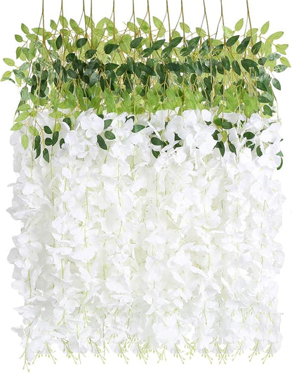 12pcs Wisteria Hanging Flowers 3.6ft Wisteria Artificial Flowers Vines White Silk Long Flowers Garland Fake Flower Ratta String for Wedding Arch Home Party Wall Backdrop Decorations (White)