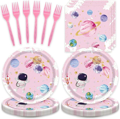48pcs Pink Space Party Decoration Set,16 Dessert plate,16 Napkin And 16 Fork,16 persons Disposable tableware,Used Galaxy Space Planet Astronauts Birthday Party Supplies (Multicolor 18)